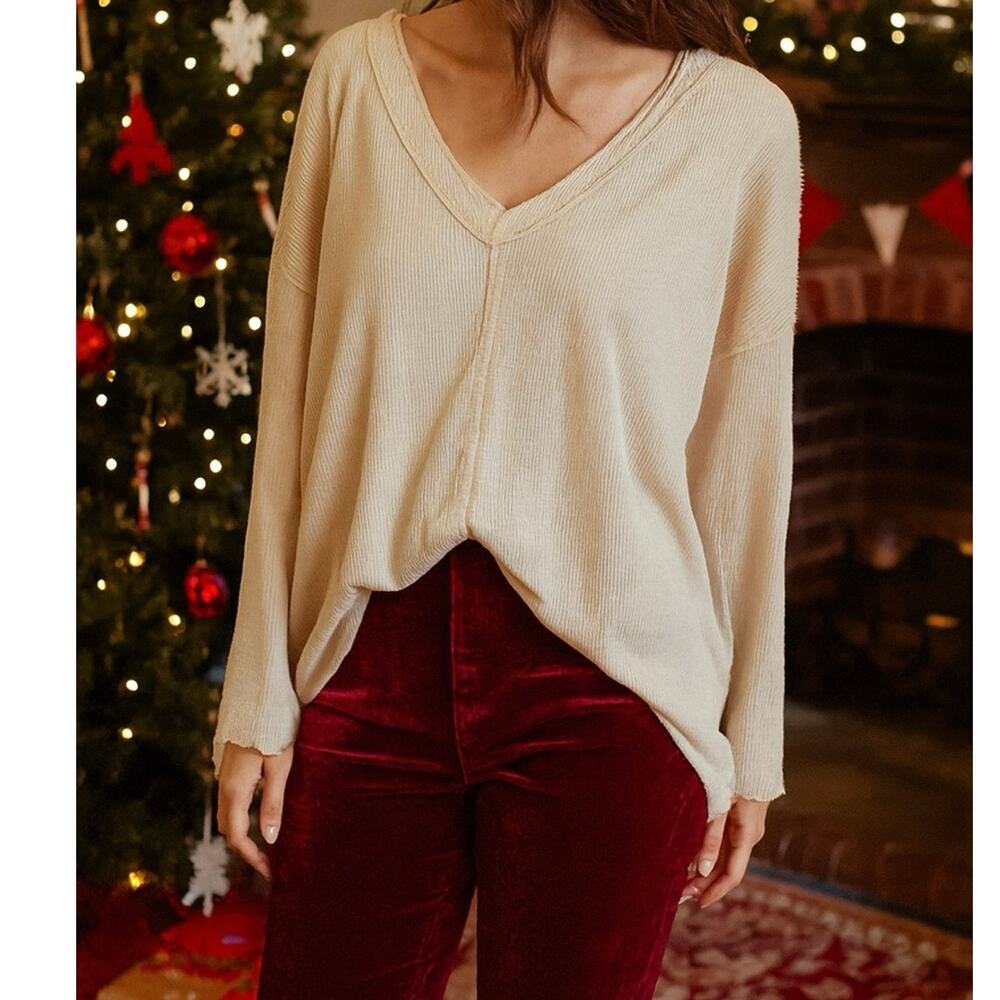 POL Beige Ribbed Knit Top - Small Cottagecore Holiday Boho Neutral Slouchy Layer
